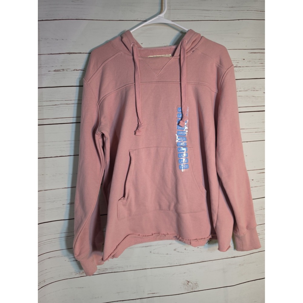 Modern Canvas Women Pink Cotton French Terry Raw Hem Hoodie Sweatshirt Large NWT